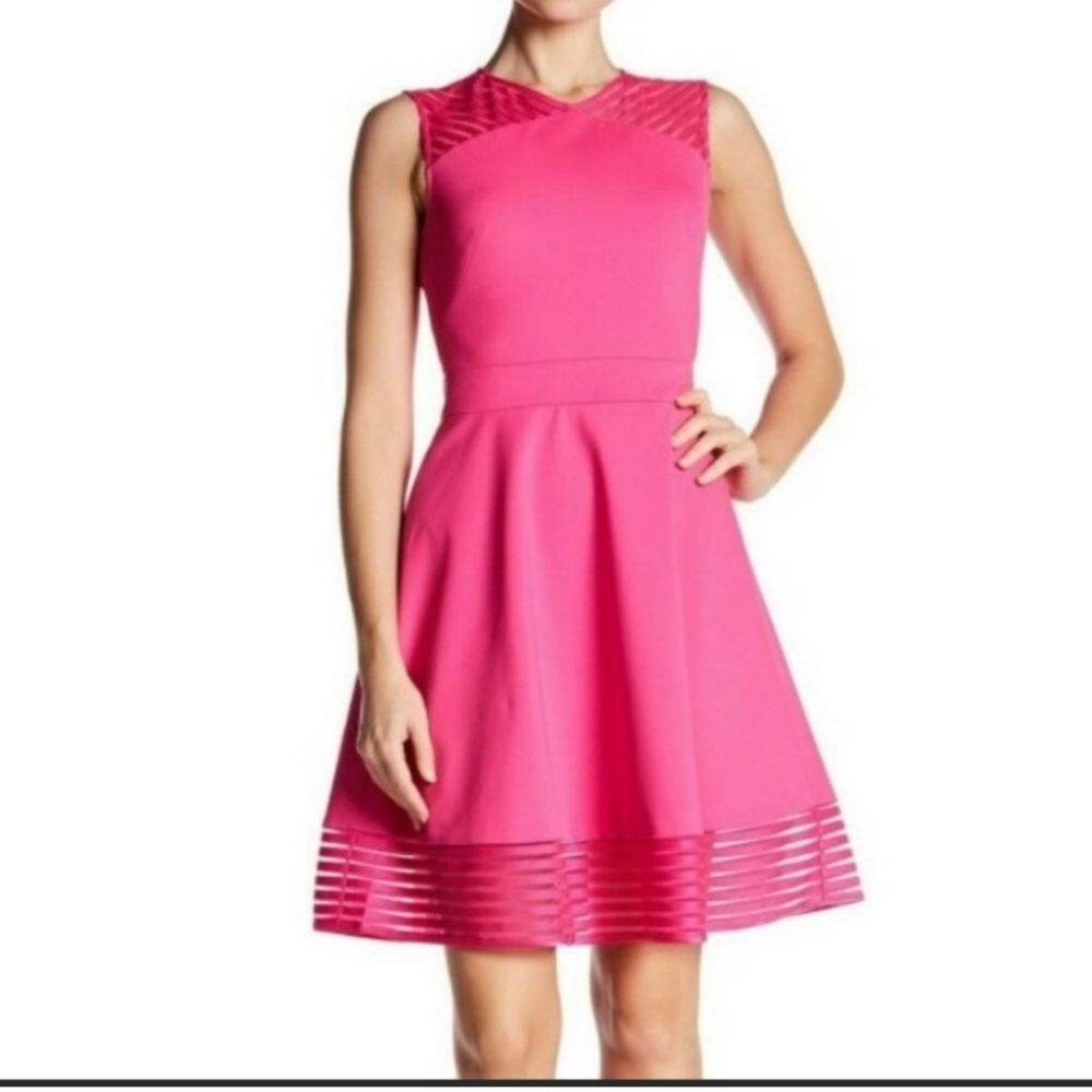 Ted Baker Hot Pink Fit-and-Flare Mesh-Trim Cocktail Dress